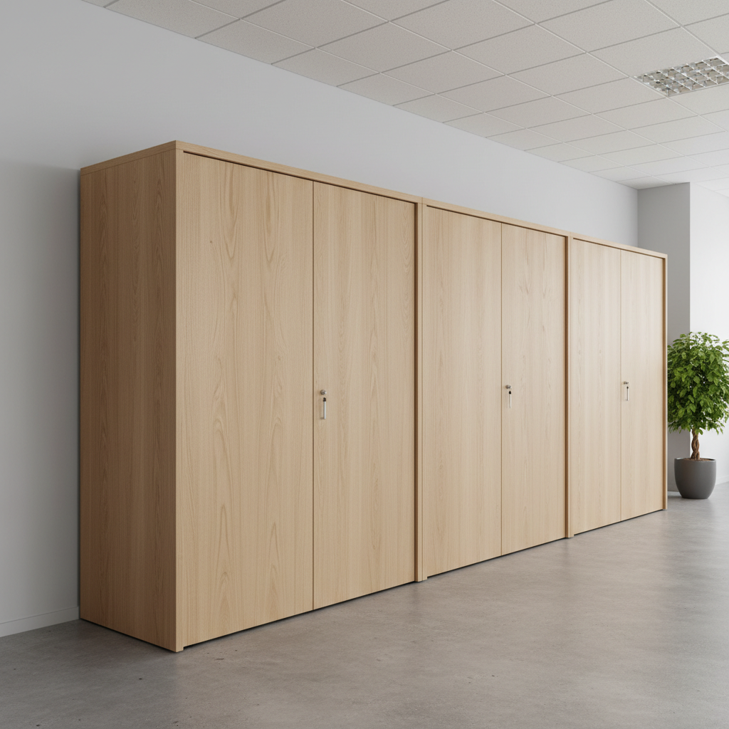 Un mueble modular de oficina en madera de roble claro, recién terminado, con puertas lisas sin tiradores y un diseño de líneas rectas y proporciones equilibradas. El mueble descansa sobre un suelo de concreto pulido en un espacio tipo showroom minimalista, con paredes en tonos gris claro y una planta verde discreta al fondo para aportar contraste. La iluminación proviene de paneles de techo de luz blanca neutra, generando reflejos suaves sobre la superficie satinada y marcando la geometría del diseño. La composición fotográfica se realiza en plano general, a nivel de ojo, aplicando la regla de los tercios para destacar el volumen del mueble. El ambiente transmite precisión, confianza y profesionalismo, con un estilo visual limpio, corporativo y contemporáneo, enfatizando la calidad del trabajo a medida.