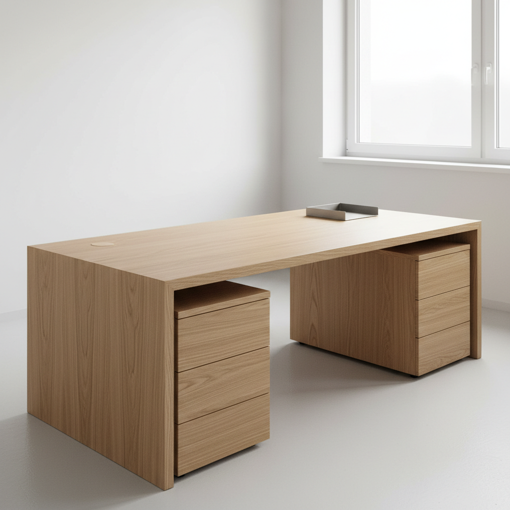 Un escritorio a medida de estilo corporativo, en madera chapada de roble claro con veta lineal y cantos perfectamente alineados, integrado con una cajonera sin tiradores y una tapa superior amplia y despejada. El mueble se sitúa en una oficina moderna con paredes blancas y un gran ventanal que deja entrar luz natural difusa, reflejada sutilmente en la superficie satinada del escritorio. Sobre la mesa solo hay un monitor delgado y una bandeja organizadora metálica minimalista, enfatizando orden y funcionalidad. La fotografía, tomada desde un ángulo ligeramente elevado y en composición simétrica, muestra el escritorio en toda su extensión, con fondo suavemente desenfocado. El ambiente es sobrio, profesional y limpio, con una estética fotográfica realista que remarca la calidad del mobiliario a medida para espacios de trabajo exigentes.