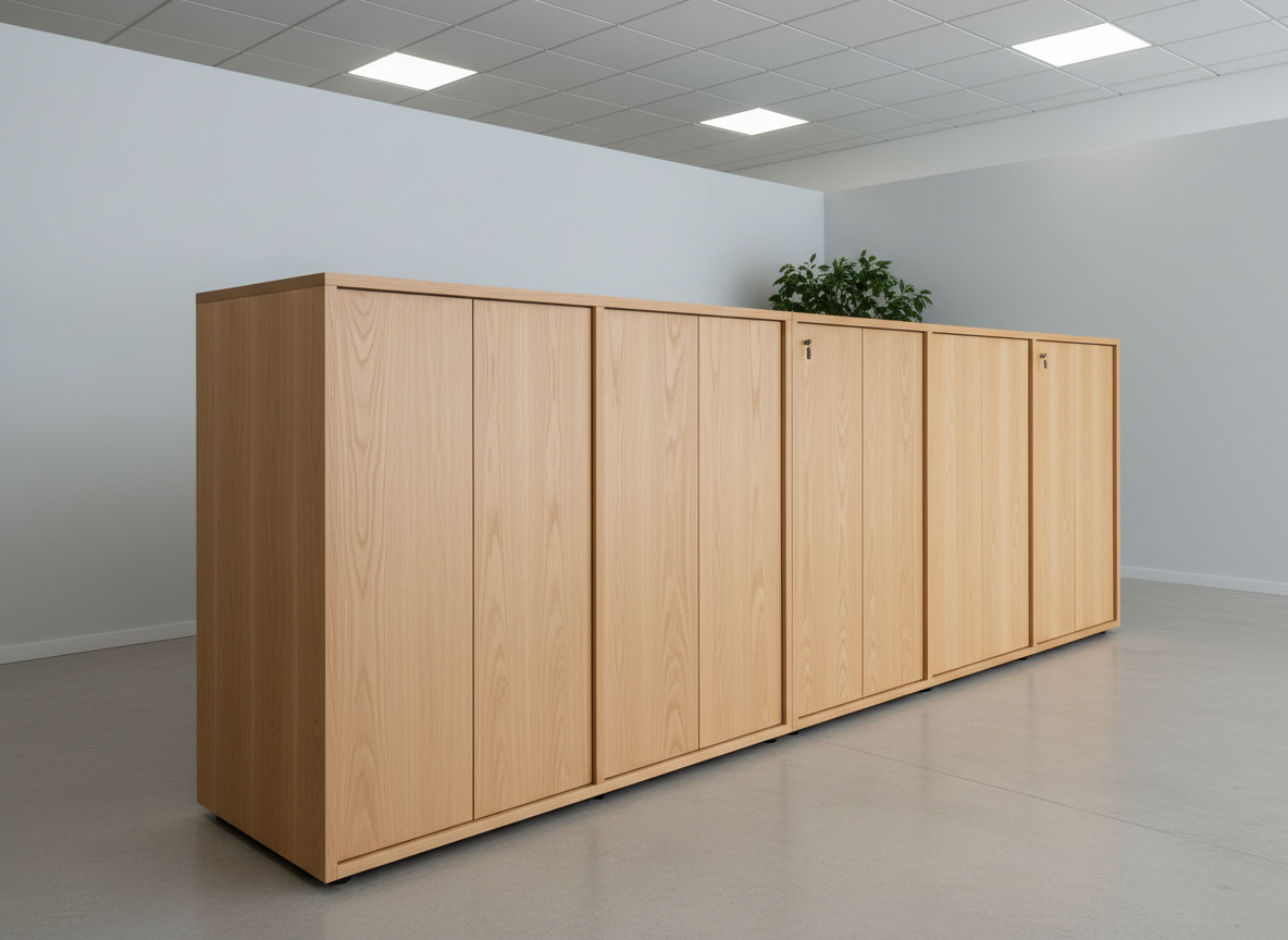 Un mueble modular de oficina en madera de roble claro, recién terminado, con puertas lisas sin tiradores y un diseño de líneas rectas y proporciones equilibradas. El mueble descansa sobre un suelo de concreto pulido en un espacio tipo showroom minimalista, con paredes en tonos gris claro y una planta verde discreta al fondo para aportar contraste. La iluminación proviene de paneles de techo de luz blanca neutra, generando reflejos suaves sobre la superficie satinada y marcando la geometría del diseño. La composición fotográfica se realiza en plano general, a nivel de ojo, aplicando la regla de los tercios para destacar el volumen del mueble. El ambiente transmite precisión, confianza y profesionalismo, con un estilo visual limpio, corporativo y contemporáneo, enfatizando la calidad del trabajo a medida.