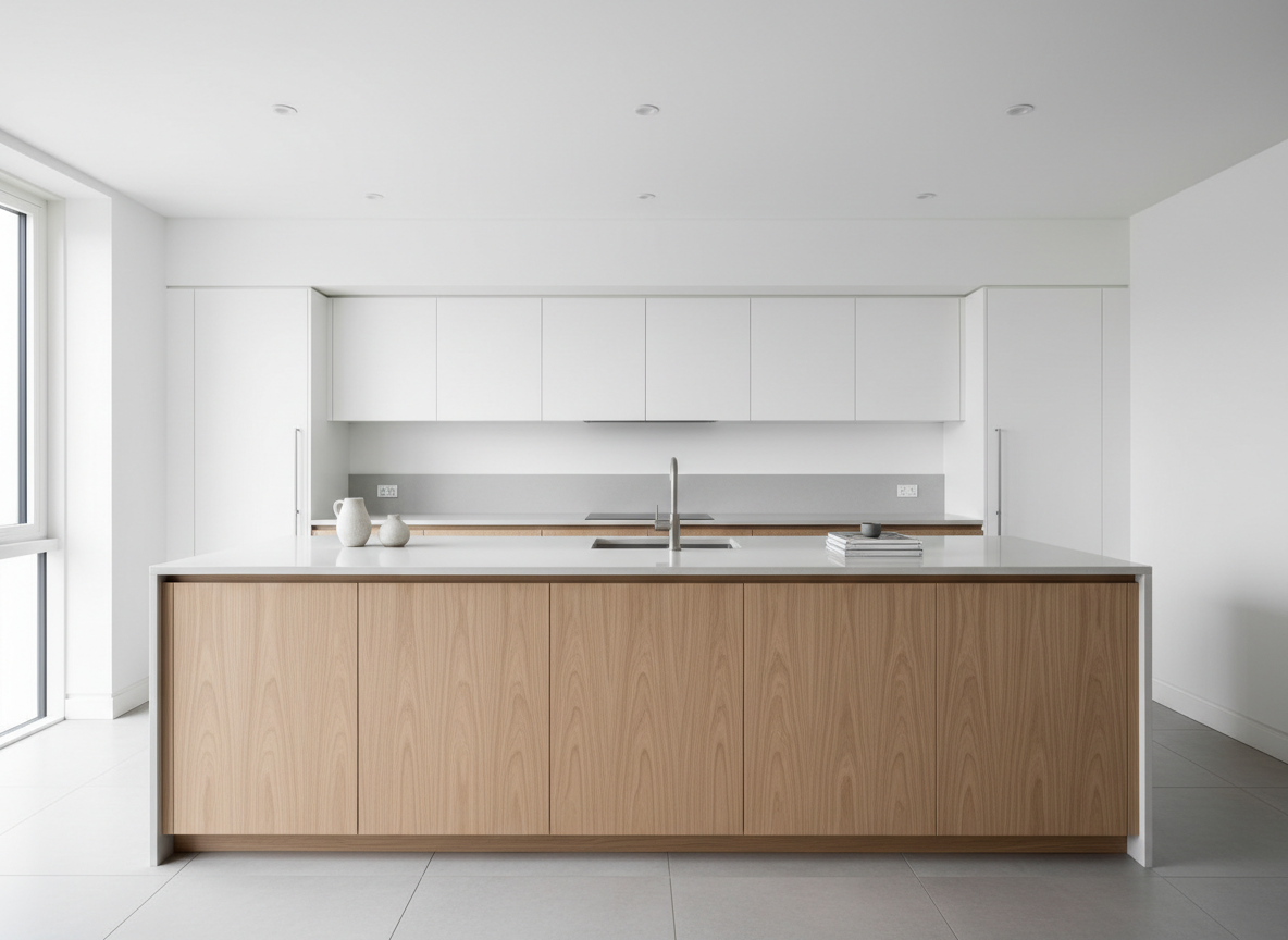Una cocina moderna con muebles de carpintería a medida: módulos inferiores en madera de fresno clara con vetas verticales continuas y módulos superiores lisos en blanco mate, sin tiradores visibles. Las encimeras de cuarzo gris claro se unen con un faldón perfectamente recto. El espacio es abierto, con paredes lisas y una isla central rectangular impecablemente alineada con el resto del mobiliario. Luz natural abundante entra desde un ventanal de suelo a techo, combinada con iluminación empotrada en el techo, generando un ambiente luminoso y uniforme. La fotografía, tomada en plano amplio a nivel de ojo, muestra toda la composición de la cocina de forma ordenada y estructurada, transmitiendo limpieza, precisión y un estilo corporativo, ideal para mostrar la capacidad de diseño y fabricación a medida de la carpintería.