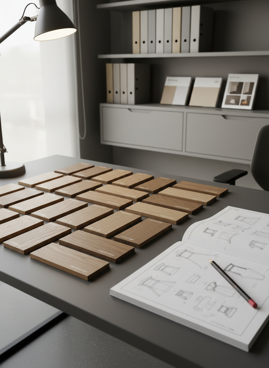 Una selección de muestras de madera perfectamente alineadas sobre un escritorio de diseño en color gris grafito, cada pieza etiquetada con nombres discretos, mostrando distintos tonos de roble, nogal y haya con vetas finas y acabados mate y semibrillo. Junto a ellas, un cuaderno de bocetos abierto con planos de muebles técnicos y un lápiz de carpintero apoyado con precisión. El entorno es una oficina de diseño de carpintería sobria, con estanterías en el fondo que contienen carpetas y catálogos en colores neutros. La iluminación es una mezcla de luz natural suave desde un ventanal y una lámpara de escritorio con luz blanca cálida que realza las texturas de la madera. La composición fotográfica en vista ligeramente elevada y profundidad de campo moderada crea un ambiente ordenado, metódico y claramente corporativo.