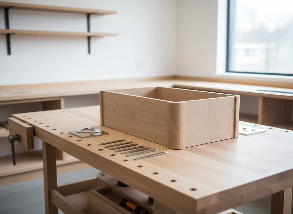 Un amplio tablero de trabajo de carpintería de madera clara, perfectamente ordenado, con un mueble moderno a medio ensamblar en el centro, líneas rectas y cantos suavemente biselados. Sobre la superficie se distinguen vetas sutiles y un acabado mate sedoso. Alrededor, solo unas pocas herramientas de mano alineadas con precisión: escuadras metálicas, lápiz de marcaje y una cinta métrica de acero. El entorno es un taller contemporáneo de paredes blancas y estanterías de madera minimalista, todo impecablemente limpio. La escena está iluminada por luz natural difusa que entra desde una gran ventana lateral, creando sombras suaves y un ambiente profesional y sereno. Composición fotográfica realista a nivel de mesa, con enfoque nítido en el mueble y un fondo ligeramente desenfocado que refuerza una estética corporativa y ordenada.