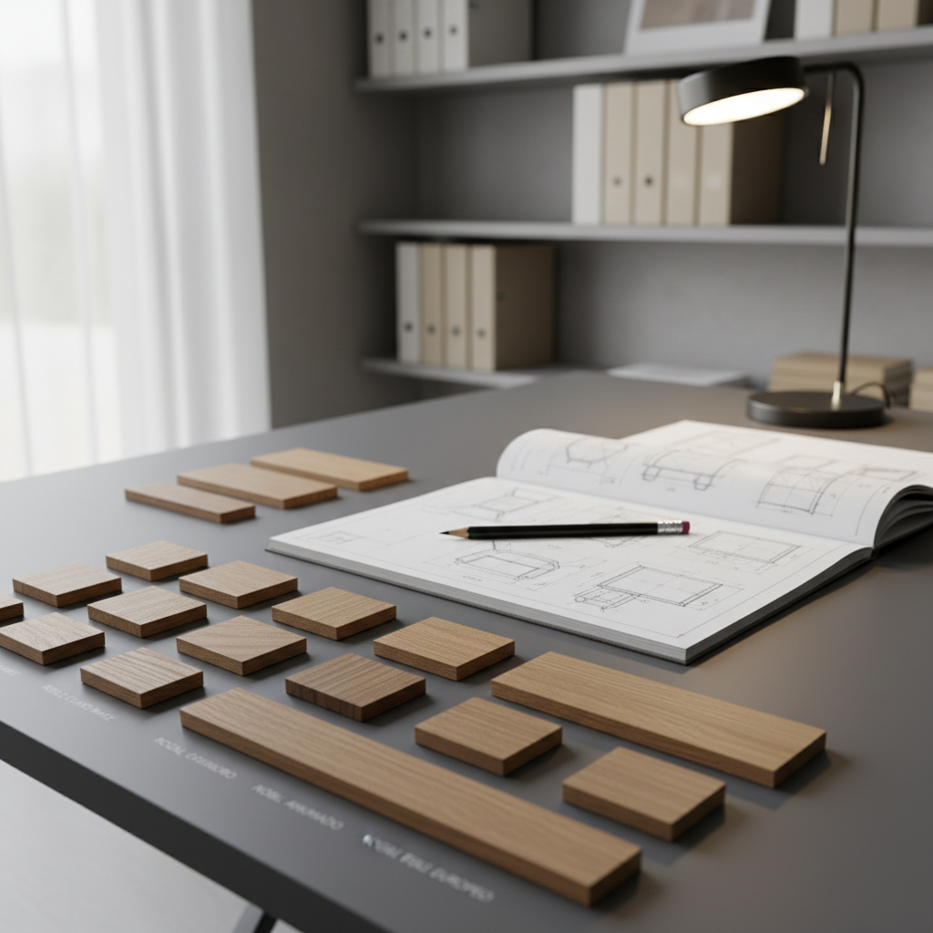 Una selección de muestras de madera perfectamente alineadas sobre un escritorio de diseño en color gris grafito, cada pieza etiquetada con nombres discretos, mostrando distintos tonos de roble, nogal y haya con vetas finas y acabados mate y semibrillo. Junto a ellas, un cuaderno de bocetos abierto con planos de muebles técnicos y un lápiz de carpintero apoyado con precisión. El entorno es una oficina de diseño de carpintería sobria, con estanterías en el fondo que contienen carpetas y catálogos en colores neutros. La iluminación es una mezcla de luz natural suave desde un ventanal y una lámpara de escritorio con luz blanca cálida que realza las texturas de la madera. La composición fotográfica en vista ligeramente elevada y profundidad de campo moderada crea un ambiente ordenado, metódico y claramente corporativo.